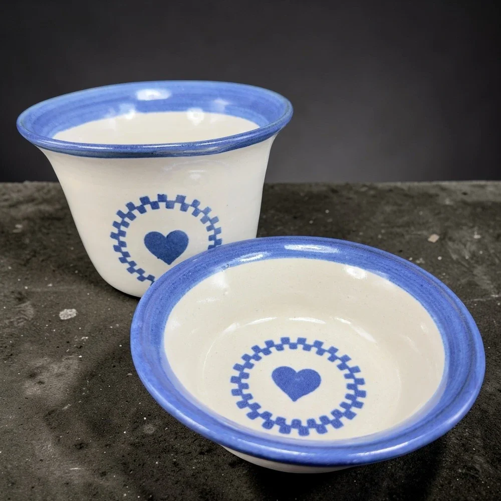 Brinker Pots Dip Crock Set Blue Heart Stoneware Pottery Kansas City 2000s 2pc